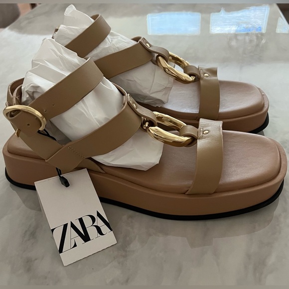 Zara BEIGE FLATFORM LEATHER SANDALS - Picture 7 of 11